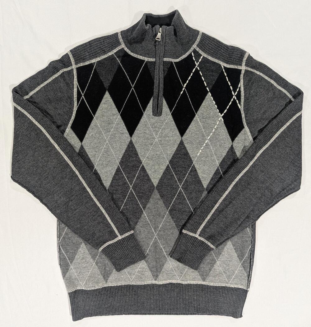 BKE Sweater Mens S Gray Black Argyle 1/4 Zip Mock Neck Slim Fit Knit Pullover